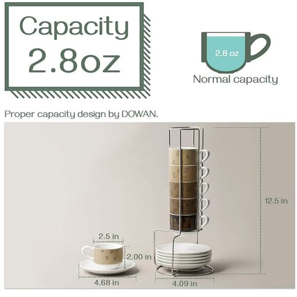 12 Pcs Brown Porcelain Stackable Espresso Cups with Saucers and Metal Stand - Picture 2 of 4